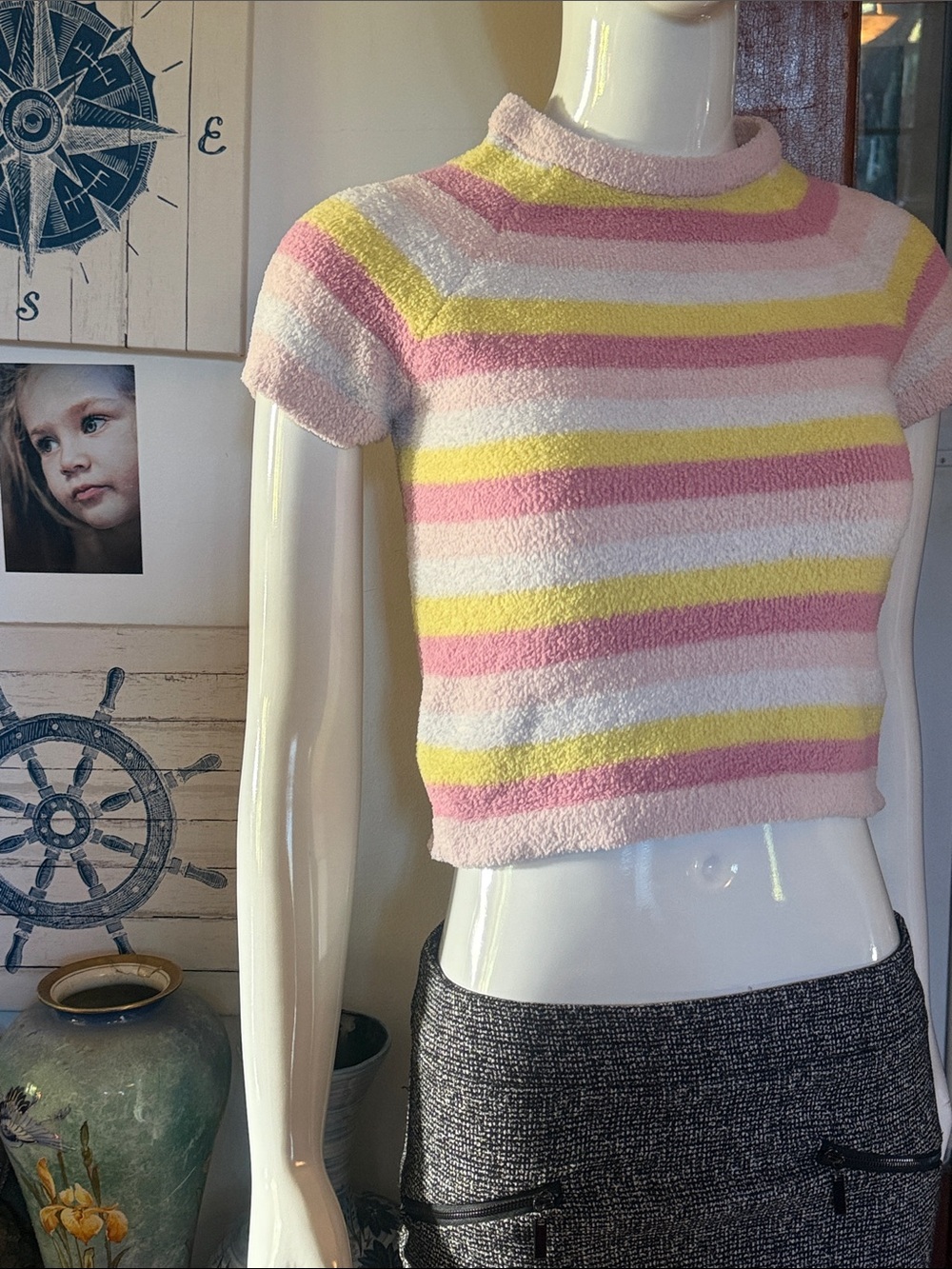 Forever 21 Striped Pastel Short-Sleeve fleece Sweater Top - Pink size small